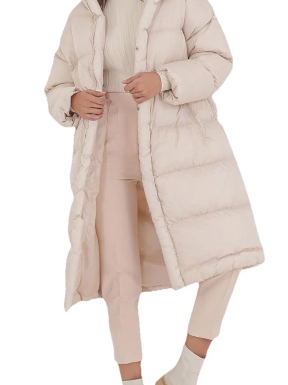 Amazon Essentials Women's Long Puffer Coat in Light Beige/Cream Sz L